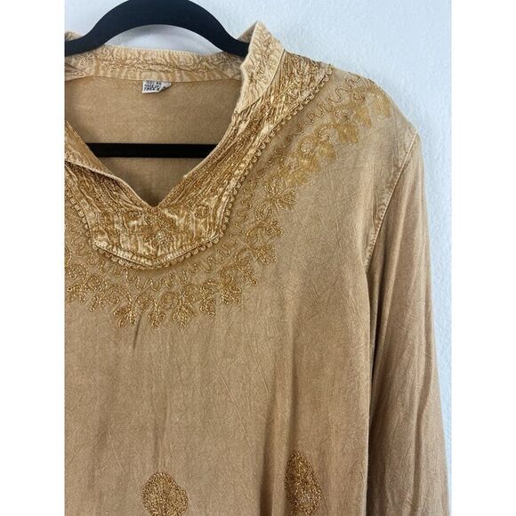 Women Boho Yellow Gold Floral Embroidered Tunic Blouse 3/4 Long Sleeve OS - Picture 3 of 11